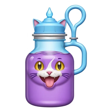 Smiling bottle of oil light purple top and light blue sticking tongue out and with cat ears sticker