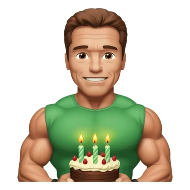 Arnold Schwarzenegger saying happy birthday . Birthday in a green color with big font . Arnold with his muscles sticker