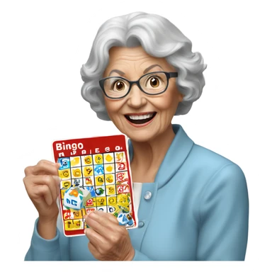 Create a 3d hyper realistic photo of a senior woman holding a bingo card sticker