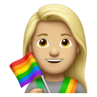 caucasian man with straight long blonde hair holding rainbow flag sticker