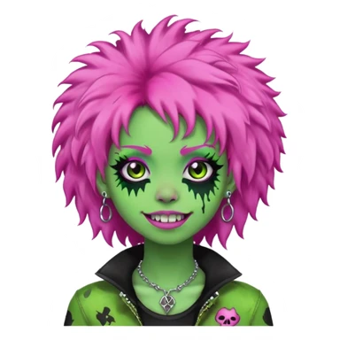 girl, green zombie,pink afro, long, emo, shaggy, dark, spooky,double eyebrow dermal piercing, cute illuminous smile sticker