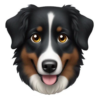 Small black australian shepherd dog with dark brown eyes and black face sticker