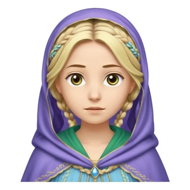 
mujer, Joven, de aspecto dulce y elegante.
Piel clara, ojos grandes y expresivos (pueden ser azules o verdes), sonrisa triste.
Rubio o castaño claro, largo, con trenzas o velo.
Vestido largo de tonos suaves (blanco, azul o lavanda), con bordados dorados; un manto o toca fina cubriendo la cabeza.
 sticker