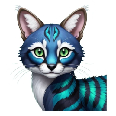 Colorful dark tropical cobalt-blue, black, white fur, with green eyes, iridescent glorious divine exotic cute cool beautiful shiny beautiful fantasy-caracal-civet-genet-sergal-vernid-Cacomistle-Furret-civet-oncilla-animal-Fakémon-hybrid-fursona with pattern markings (full body) sticker