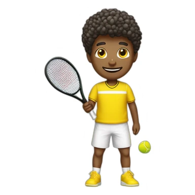 Ragazzo riccio con maglietta gialla gioca stanco con una racchetta da tennis sticker
