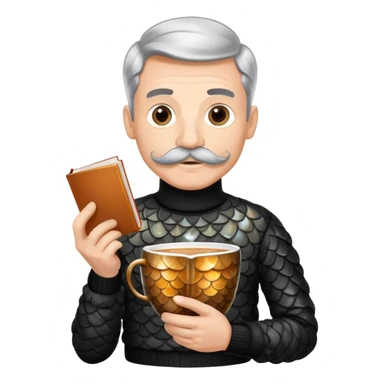 A fish, a German fish, sipping on a cappuccino in Austria. They are wearing a black turtleneck sweater tucked into black pleated pants, with a mustache and prismatic scales almost like rainbow fish, but not quite because that’d be copyrighted. They are reading a good book sticker