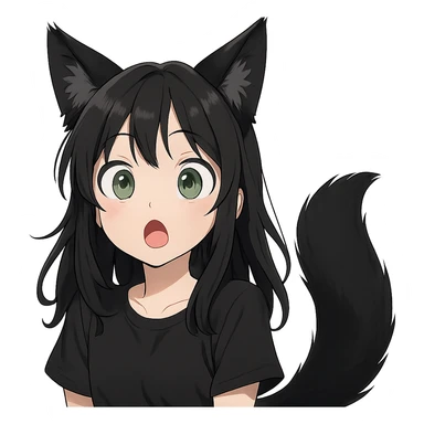 a surprised girl with huge green eyes, black fox ears, and a tail, dark hair sticker