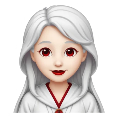 vull un perosnatge estil bimoji que sigui com una nimfa bella i fantasmal amb túniques blanques. Té la pell literalments blanca com el guix, cabell platejat, un nas llarg, ulls negres grans i llavis carmesí. que estigui somrient sense arrecades i vestimenta vermella i blanca sticker