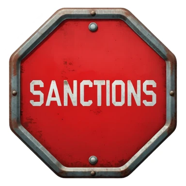 red, road sign, hexagonal, with the inscription SANCTIONS sticker