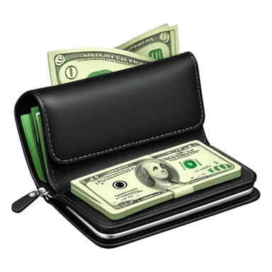 black wallet with green dollar bills visible inside and a small clock in top right corner positioned over the wallet sticker