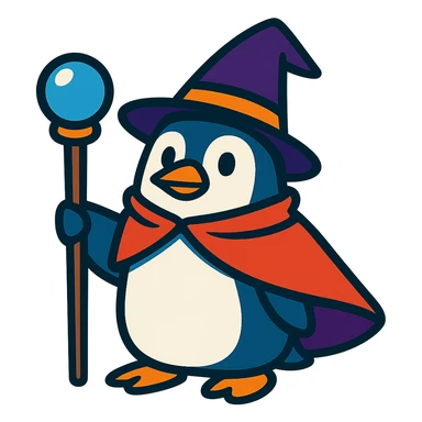 whimsical penguin wizard with a pointy hat and magic staff sticker