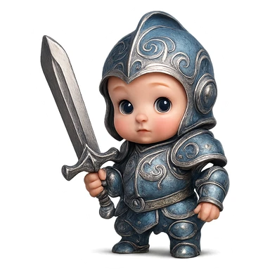 cute baby in ornate blue and silver armor, holding a big sword, styled as a miniature heroic knight sticker