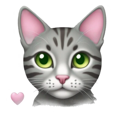 A grey tabby cat with a pink nose and green eyes is surrounded by hearts sticker