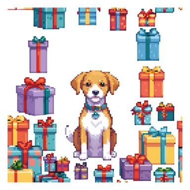 dog surrounded by gift boxes sticker