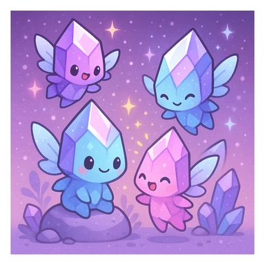 kawaii chibi style group of crystal sprite creatures in purple, blue, and pink, with tiny magical wings, interacting together in a magical setting, cute and lively sticker
