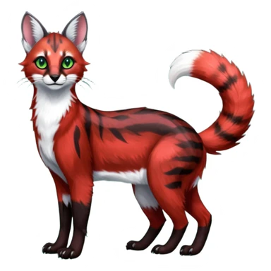 Colorful dark tropical sanguine-red, black, white fur, with green eyes, iridescent glorious divine exotic cute cool beautiful shiny beautiful fantasy-caracal-civet-genet-sergal-vernid-Cacomistle-oncilla-animal-Fakémon-hybrid-fursona with pattern markings (full body) sticker