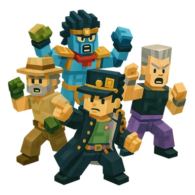 JoJo's Bizarre Adventure Season 3 (Stardust Crusaders) characters and iconic poses, reimagined as LEGO minifigures, vibrant colors, blocky details, playful and dynamic sticker