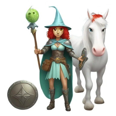 medieval shield: [politically incorrect, (
	{ female, alien, witch, color: light green, hair:red, eyes:cat} ]
	on a 
	[{ unicorn: white, legged:four, mane: light blue }]) sticker