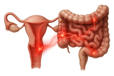 utero umano anatomico iperrealistico e intestino umano anatomico iperrealistico hanno in comune il dolore e l'infiammazione, rendi bene il collegamento tra i due organi doloranti sticker