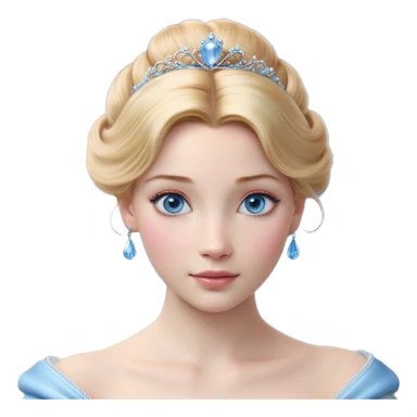Cinematic Realistic Cinderella Portrait, depicted with lifelike skin texture, subtle rosy undertones, and soft natural lighting that enhances the gentle contours of her face. Her intricately detailed golden blonde hair is elegantly styled in an updo, with delicate wisps framing her face for added realism. Her deep, expressive blue eyes radiate warmth and sincerity, reflecting a quiet resilience and grace. She is dressed in her iconic ball gown, the fabric shimmering with intricate embroidery and fine translucent layers that catch the light beautifully. The soft sheen of satin gloves and the delicate sparkle of a glass-like slipper peeking from beneath her dress add a touch of magical realism. The portrait features an enchanting glow with a natural, luminous finish, seamlessly blending realism and fairytale charm to evoke a sense of depth, elegance, and timeless beauty. sticker