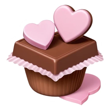 Two square milk chocolate pralines only, Each praline is a sharp-edged cube with smooth glossy chocolate coating, placed in a small white fluted paper candy cup. On top of each cube is a flat pastel pink heart-shaped icing, thin and smooth, slightly translucent, with fine sugar crystal sparkle. sticker