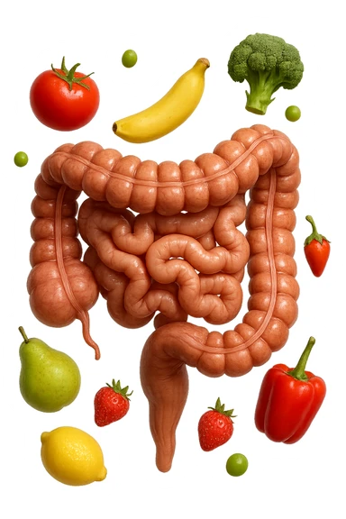 frutta e verdura fluttua intorno ad un intestino umano anatomico realistico, iperrealistico 4k sticker