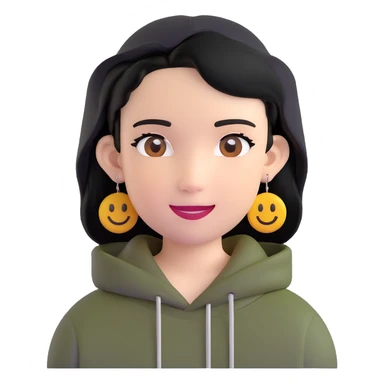 person with military cut black hair, brown eyes, wearing 2 circle earrings and a black hoodie with a smiley face sticker