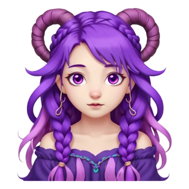 1 girl, long flowing purple hair with braided strands, vibrant and soft color palette, inspired by spirit blossom theme, long hair, loose wave straight haircut, sheep horns, pink eyes, young, skinny, japanese themed,  blossom, league of legends character, shy expression, blush, (off shoulder) sticker