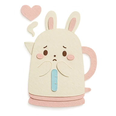chibi electric kettle-bunny hybrid, shy, heart-shaped steam, pastel white and pink, full-body sticker
