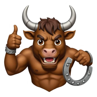 Emoji of an iron horseshoe with an angry powerful bull in the middle showing a thumbs up (Likes) sticker
