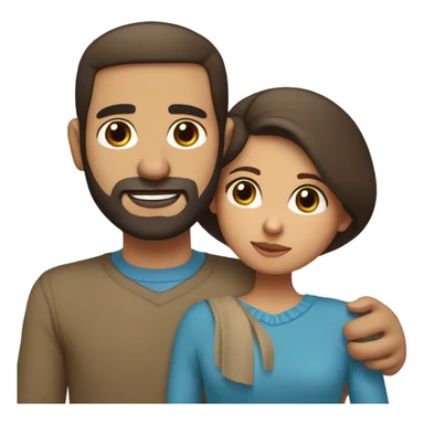 Comforting hug from brunette Puerto Rican with dark brown eyes wearing a cute blue top to short, bald man with brown eyes and a beard wearing a sweater sticker