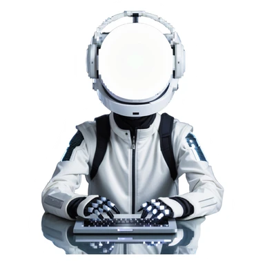 futuristic tech boy wearing a sleek robot helmet with a glowing white circle light in the center, sitting in front of an advanced high-tech laptop, neon-lit cyberpunk room with holographic displays and gadgets, focused posture, soft reflections on helmet, mysterious atmosphere sticker