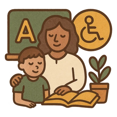 special education icon, modern look, green gold and white color scheme, rounded shapes, simple design sticker