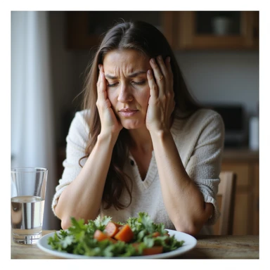 adult woman, photorealistic, failed diet, distressed expression, sitting in front of diet menu, glass of water and vegetables, natural light, restaurant background sticker