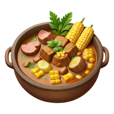 Cinematic Realistic Sancocho Antioqueño Emoji, depicting a hearty Colombian stew brimming with tender cuts of meat, yuca, plantains, corn on the cob, and potatoes in a rich, flavorful broth. Served in a rustic clay bowl with fresh cilantro and lime on the side, rendered with warm, inviting textures and homely, comforting lighting. sticker