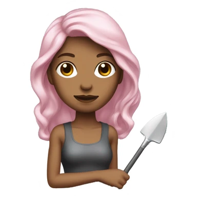 Woman holding Metall shovel skin light pink hair long brown wavy sticker