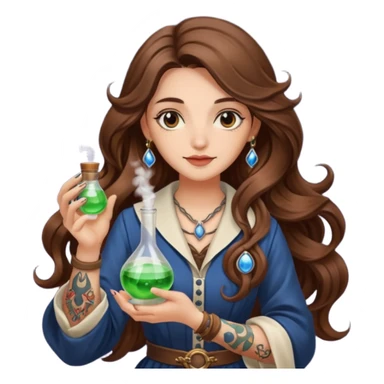 moon alchemist woman long wavy brown hair tattoos holding small potion sticker