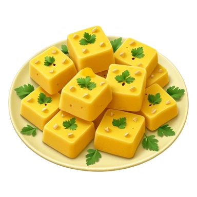 khaman dhokla, fluffy yellow pieces, served on a plate, emoji style sticker