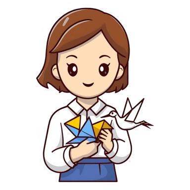 Ukrainian young girl with brown hair wearing a white embroidered shirt holds an origami yellow-blue crane sticker