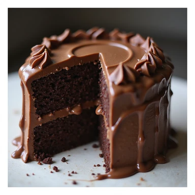 a realistic double fudge chocolate cake, rich chocolate layers, glossy fudge icing, photorealistic style, no background sticker
