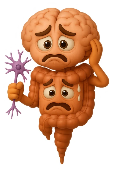 EMOJI STILE IPHONE DI UN INTESTINO collegato verticalmente ad un cervello mentre tiene in mano un neurone, espressione stressata, IPERREALISTICO 4K sticker