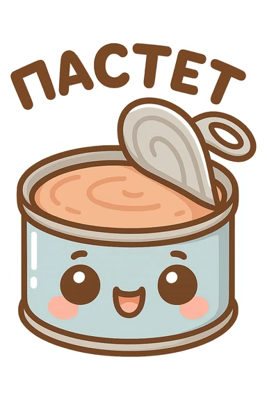 Chibi style cute open pâté tin can, lid partially opened, visible smooth pâté inside, big expressive cartoon eyes on the can, happy smiling face, tiny chubby proportions, kawaii emoji style, thick clean outline, flat illustration, soft pastel colors, simple shapes, no background, Twitch emote style, readable at small size, text on top saying "ПАСТЕТ" in bold cute Cyrillic letters sticker