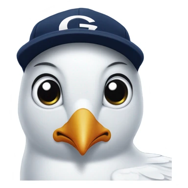 a seagull wearing a navy blue ball cap with G spelling on it  sticker