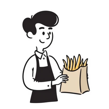 man putting fries in a brown paper bag, hand drawn doodle style sticker