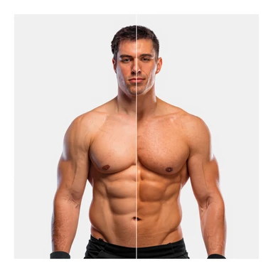 Realistic style image of a shirtless male bodybuilder, half body in bulk version (fatter, full muscles), half body in cut version (very lean, dry and defined muscles, visible veins). Neutral background. Create 10 variants with different expressions and levels of muscle definition. sticker