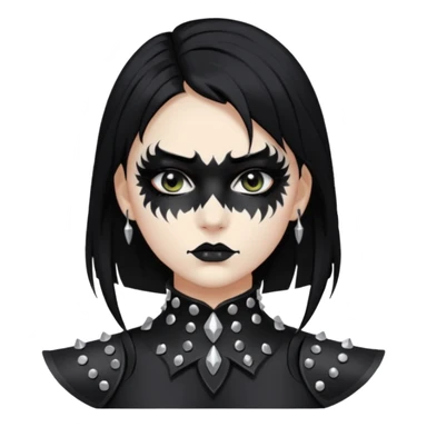 Crea una ragazza con stile black metal,  paint face black metal, capelli neri, mossi dalle spalle e occhi bianchi e un collare con borchie a punta sticker