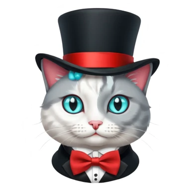  Kater in grau weiß, mit schwarzem Zylinder, der eine rote Banderole auf dem Kopf hat, der etwas schräg ist, so dass nur ein Ohr zu sehen ist. Der Kater schaut gerade nach vorne und am Hals hat er eine kleine, rote Schleife. Die Augen sind türkisfarben am funkeln mit kleinen, weißen Lichtreflexen. sticker