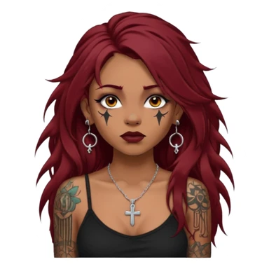 generate an ios genmoji of a dusky girl with long dark red messy hair with eyeliner on her eyes. septum piercing, wearing a cami black top, has tattoos, on shoulders. ear piercings. wearing a cross silver necklace. 


no tattoos on face sticker