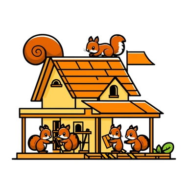 squirrel hut under construction with four workers sticker