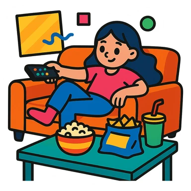 girl sprawled on sofa, TV remote, snacks, colorful scene sticker